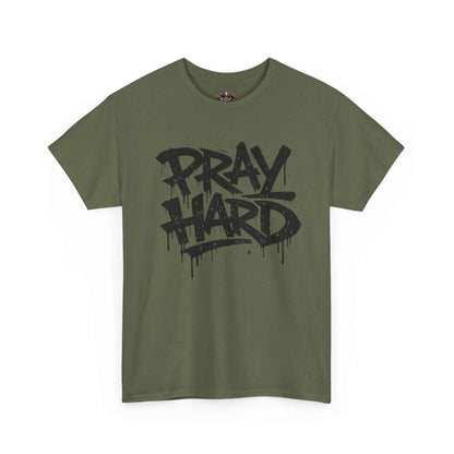 Pray Hard Tee — Urban Streetwear Christian Graphic T-Shirt in olive green with graffiti-style lettering.