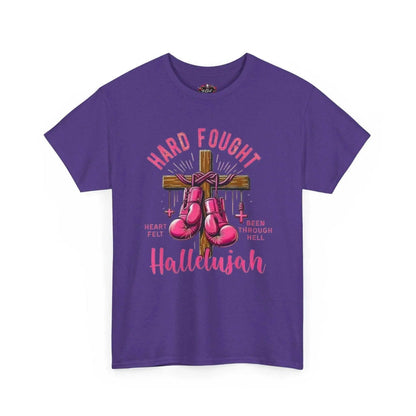 Hard fought Hallelujah Tee religious with boxing gloves graphic on a purple background.