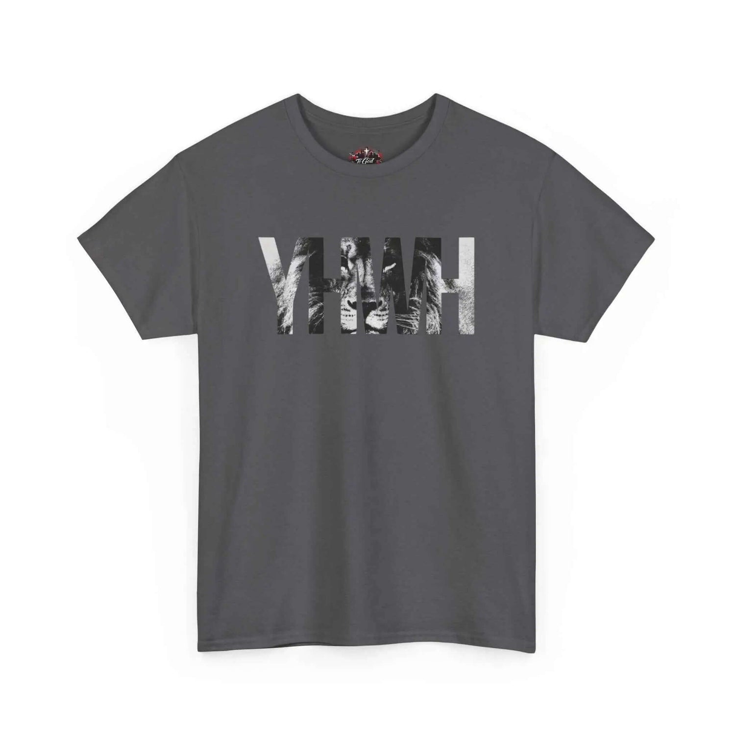 YHWH Marble Text T-Shirt — Minimalist Religious Faith Tee in charcoal color, showcasing a stylish minimalist design.