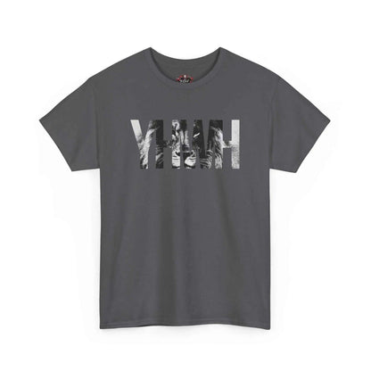 YHWH Marble Text T-Shirt — Minimalist Religious Faith Tee in charcoal color, showcasing a stylish minimalist design.