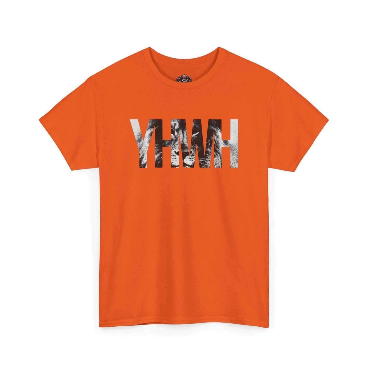 YHWH Marble Text T-Shirt — Minimalist Religious Faith Tee in orange color, showcasing a stylish design on a comfortable cotton fabric.