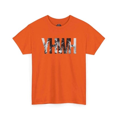 YHWH Marble Text T-Shirt — Minimalist Religious Faith Tee in orange color, showcasing a stylish design on a comfortable cotton fabric.