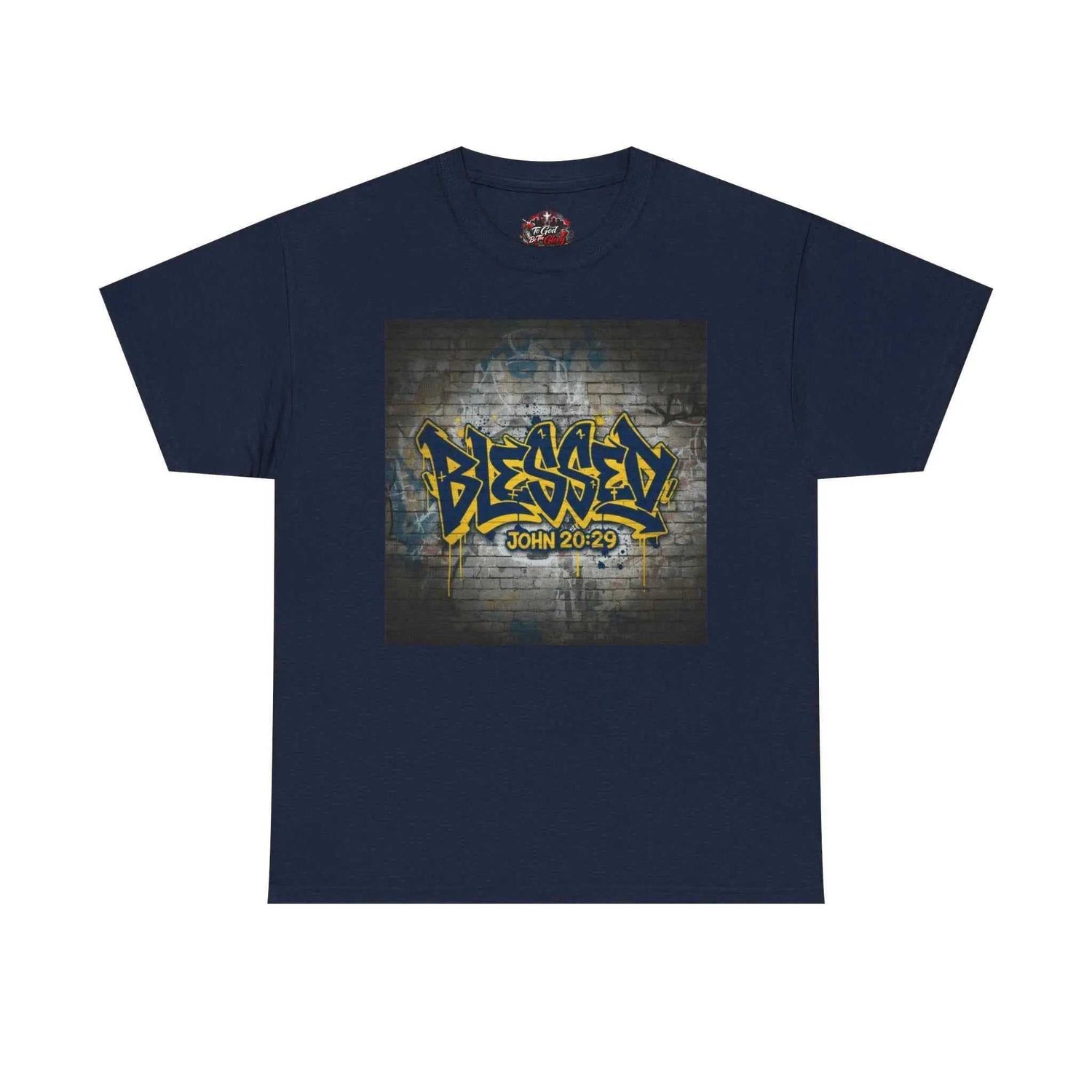 Blessed Graffiti T-Shirt — "Blessed" John 20:29 Christian Faith Tee T-Shirt Printify Navy S