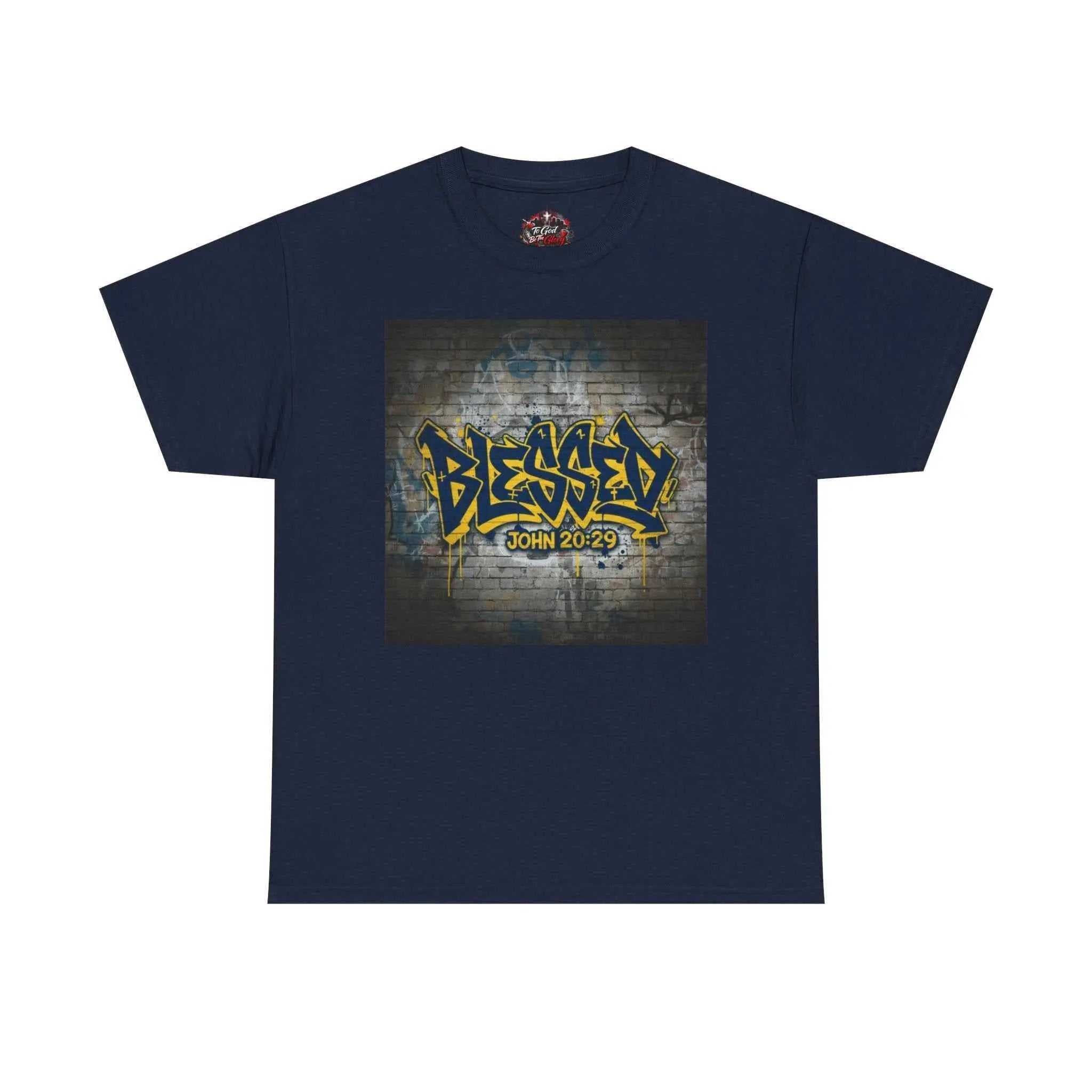 Blessed Graffiti T-Shirt — "Blessed" John 20:29 Christian Faith Tee T-Shirt Printify Navy S