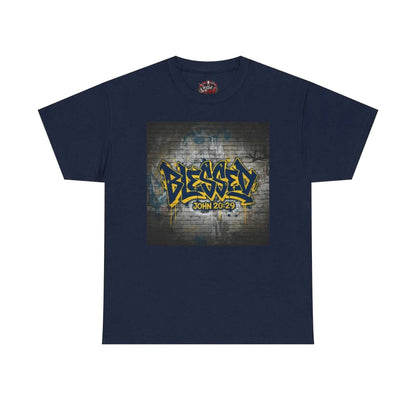 Blessed Graffiti T-Shirt — "Blessed" John 20:29 Christian Faith Tee T-Shirt Printify Navy S