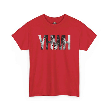 YHWH Marble Text T-Shirt — Minimalist Religious Faith Tee in red color with a stylish graphic design.