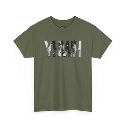 YHWH Marble Text T-Shirt — Minimalist Religious Faith Tee in Military Green color and soft cotton material.