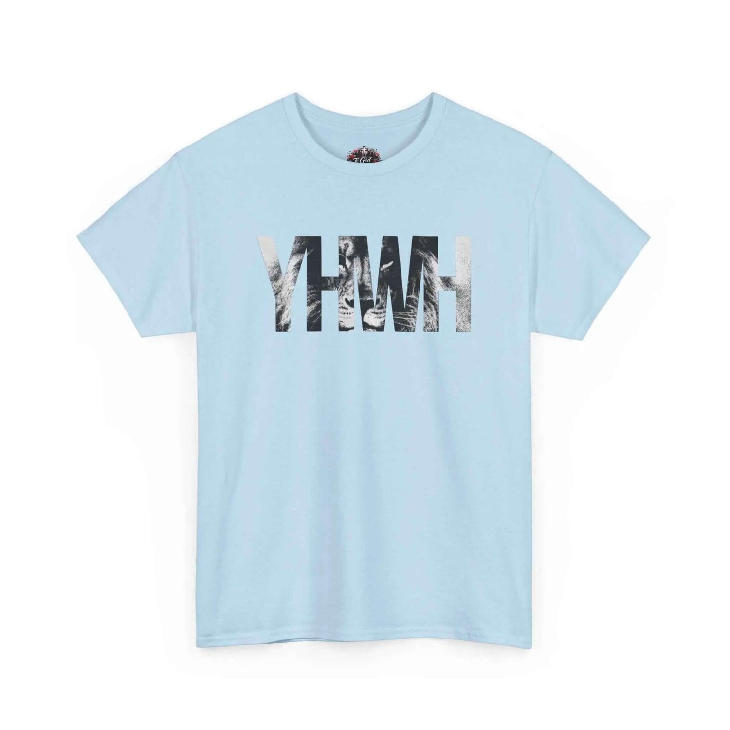 YHWH Marble Text T-Shirt — Minimalist Religious Faith Tee in light blue cotton, showcasing stylish spiritual design.