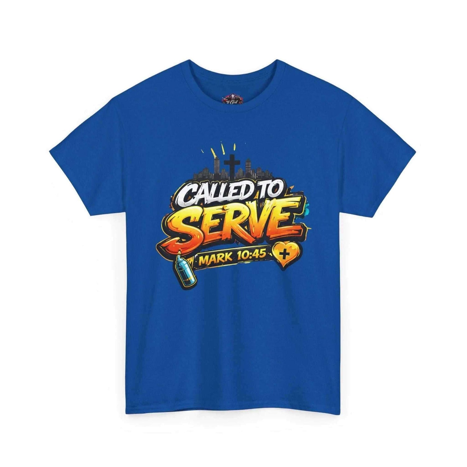 Called To Serve Tee Religious soft graphic t-shirt in blue with design featuring Mark 10:45.