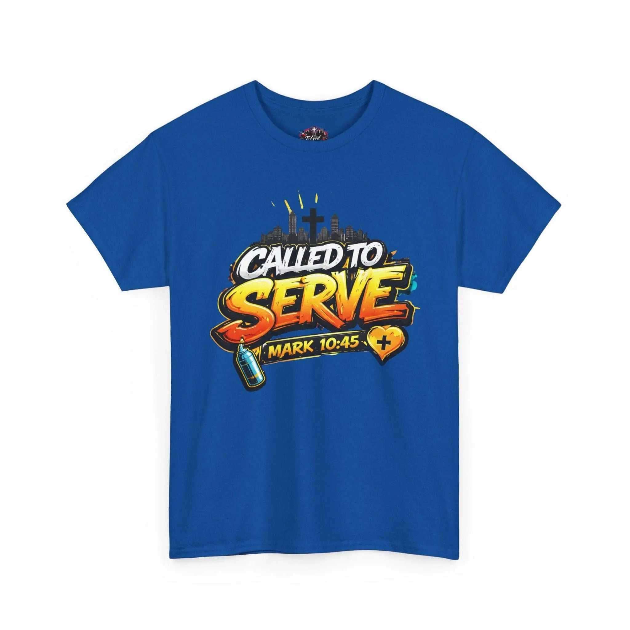 Called To Serve Tee Religious soft graphic t-shirt in blue with design featuring Mark 10:45.