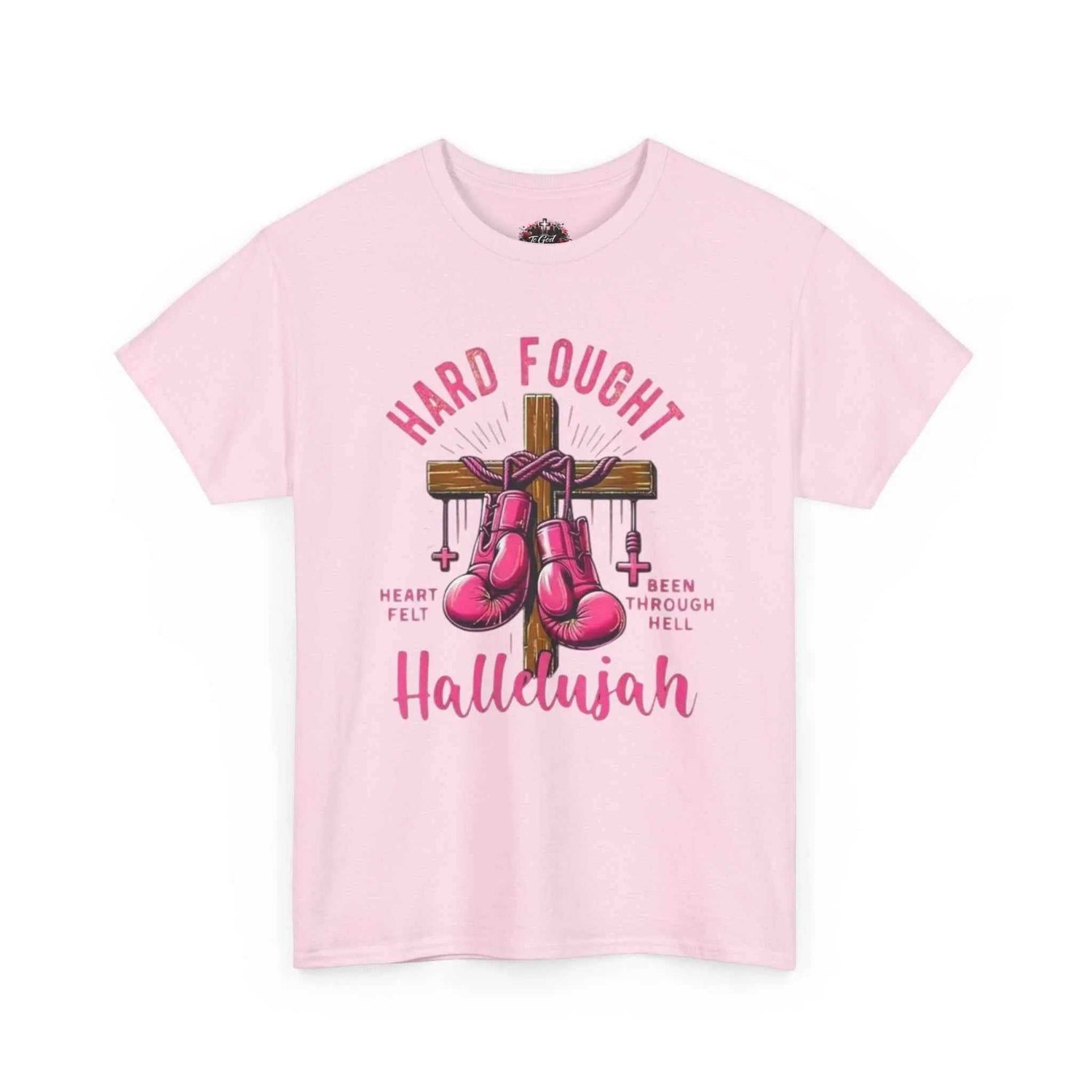 Hard fought Hallelujah Tee religious in pink, featuring boxing gloves on a cross with heart and spiritual elements.