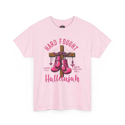 Hard fought Hallelujah Tee religious in pink, featuring boxing gloves on a cross with heart and spiritual elements.