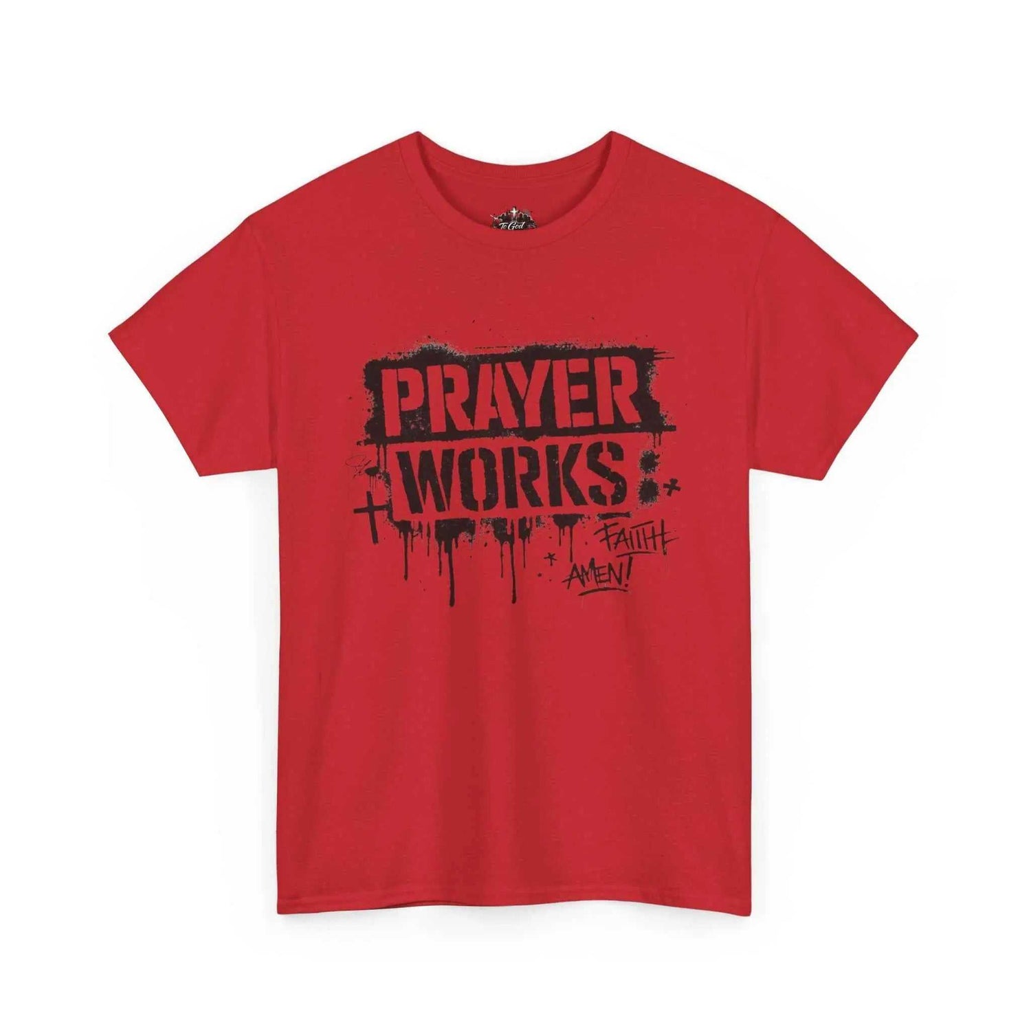 Prayer Works T‑Shirt — Faith Graphic Tee ("Prayer Works") in red with stylish graphic design.