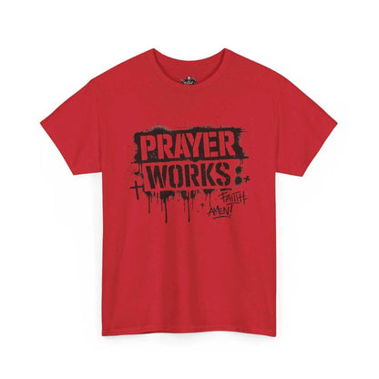 Prayer Works T‑Shirt — Faith Graphic Tee ("Prayer Works") in red with stylish graphic design.