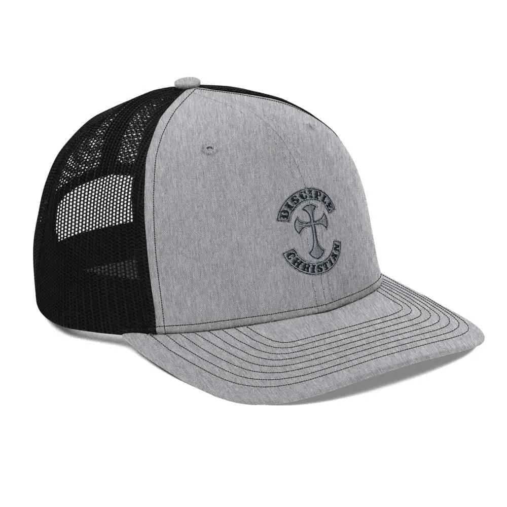 Disciple Trucker Cap religious featuring a gray design with embroidered logo, perfect for stylish expression of faith.