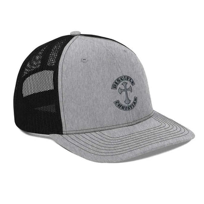 Disciple Trucker Cap religious featuring a gray design with embroidered logo, perfect for stylish expression of faith.