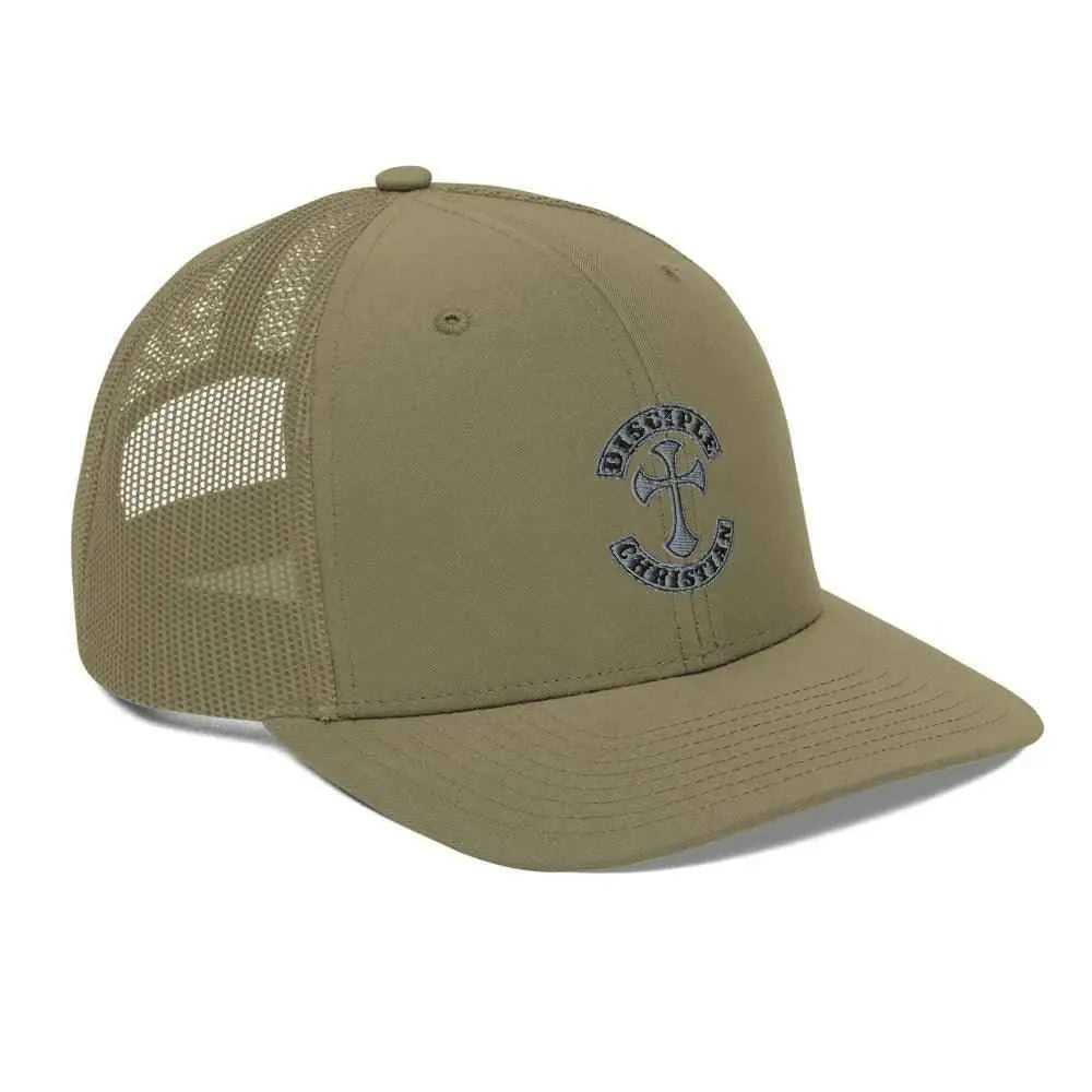 Disciple Trucker Cap religious featuring embroidered logo and mesh back for comfort and style.
