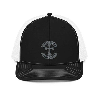 Disciple Trucker Cap religious with embroidered logo on front, stylish black and white design.