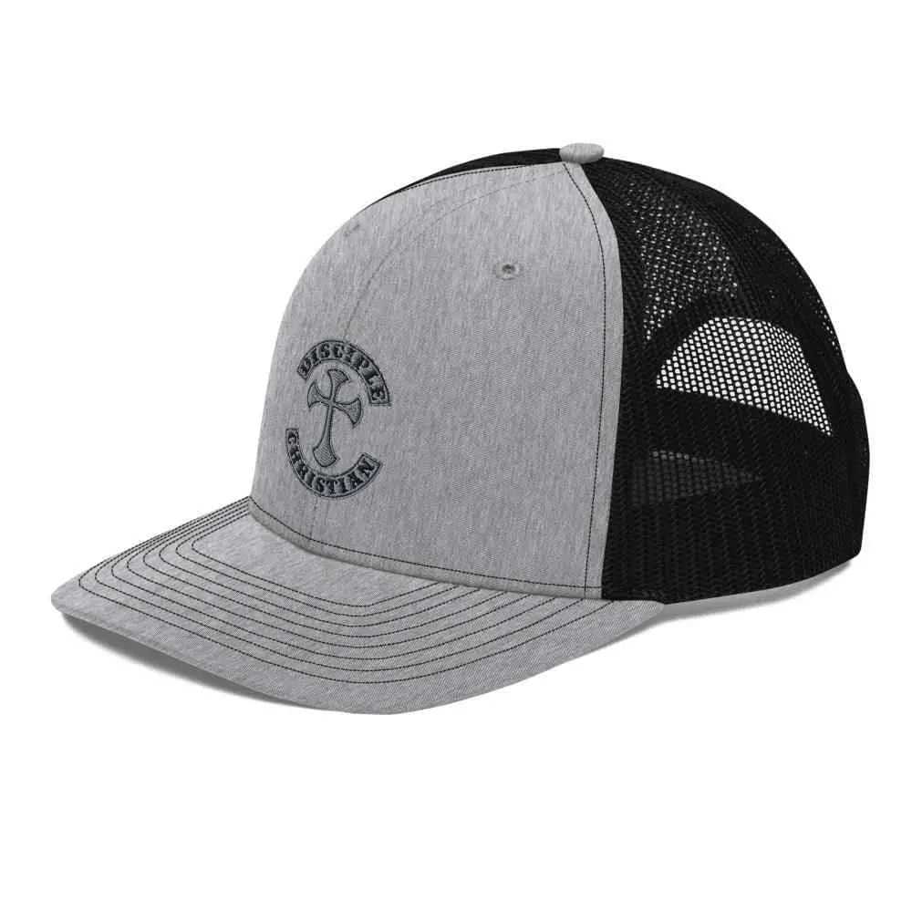 Disciple Trucker Cap religious, gray and black cap with embroidered logo from To God be The Glory Creations.