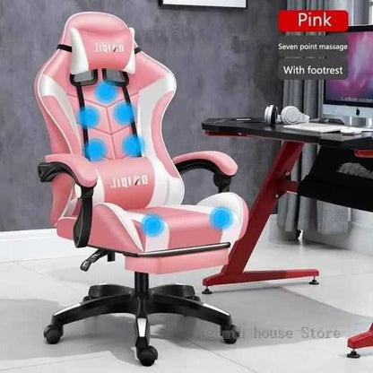 High quality gaming chair RGB light office chair in pink with footrest and seven point massage features.
