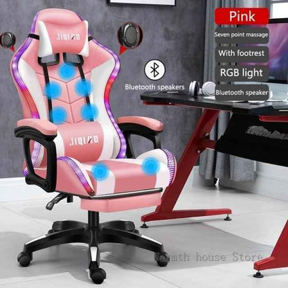 High quality gaming chair RGB light office chair with Bluetooth speakers and footrest in pink color.