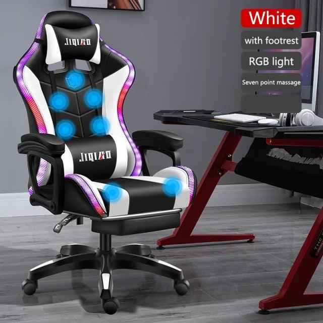High quality gaming chair RGB light office chair with footrest and seven point massage feature.