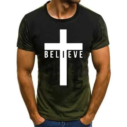 I Believe God Christian Men Soft T-shirt To God be The Glory Creations green 4XL