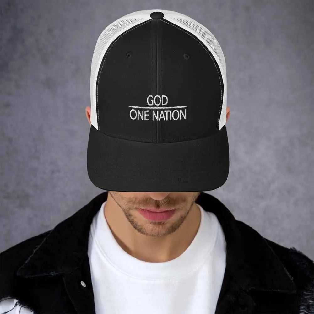 One Nation Trucker Cap Religious To God be The Glory Creations Black/ White