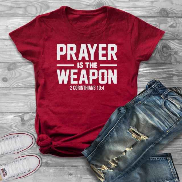 Prayer is the weapon corinthians t-shirt To God be The Glory Creations Red-white txt S