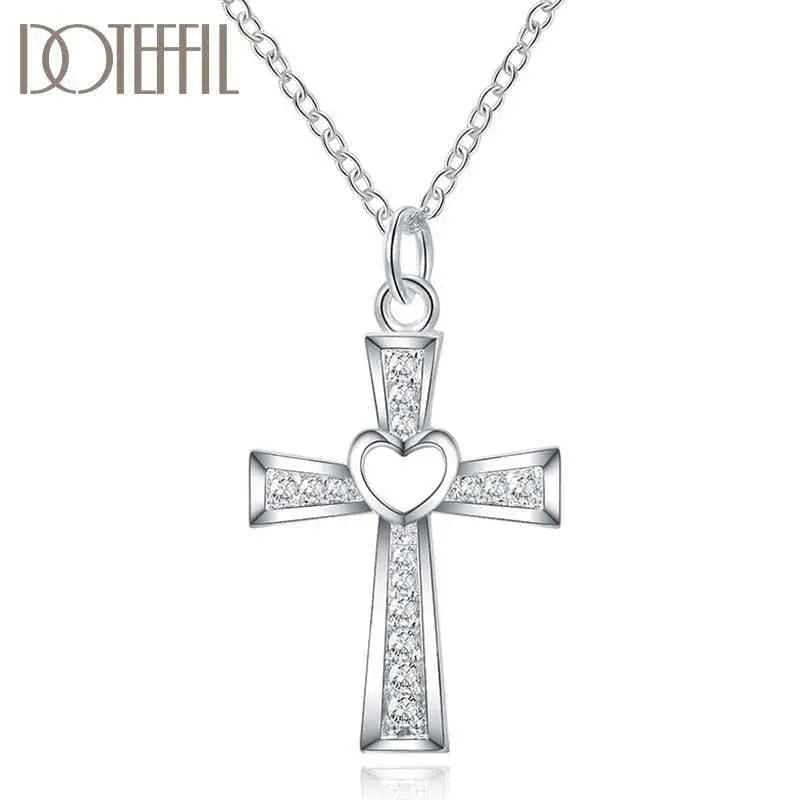 Sterling Silver 18 Inch Chain Cross AAA Zircon Heart Necklace To God be The Glory Creations