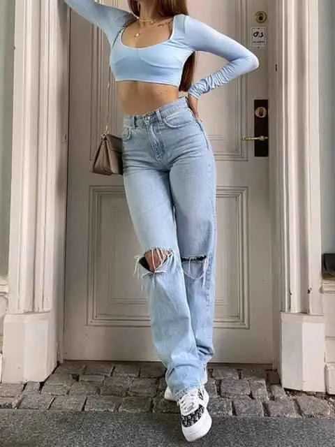 high waist ripped wide leg jeans To God be The Glory Creations blue XL China