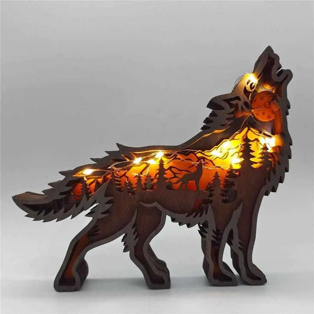 Wooden Hollowed Small Wolf LED Light To God be The Glory Creations